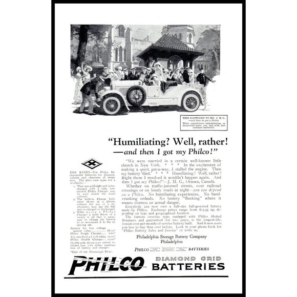 1924 Philco Diamond Grid Car Battery Vintage Print Ad Antique Convertible Photo - Picture 1 of 1